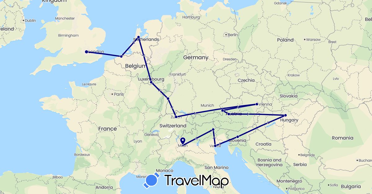 TravelMap itinerary: driving in Austria, Belgium, Switzerland, France, United Kingdom, Hungary, Italy, Luxembourg, Netherlands, Slovenia (Europe)